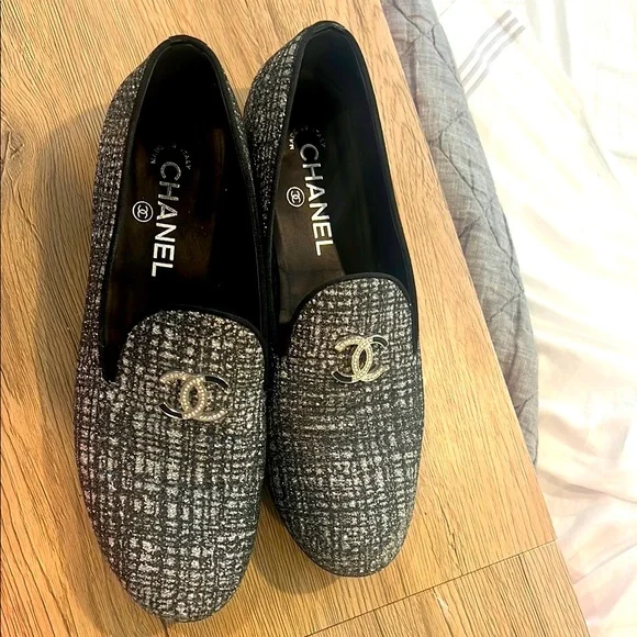 CHANEL Shoes Chanel Womens Black W Silvertweed Loafers Poshmark